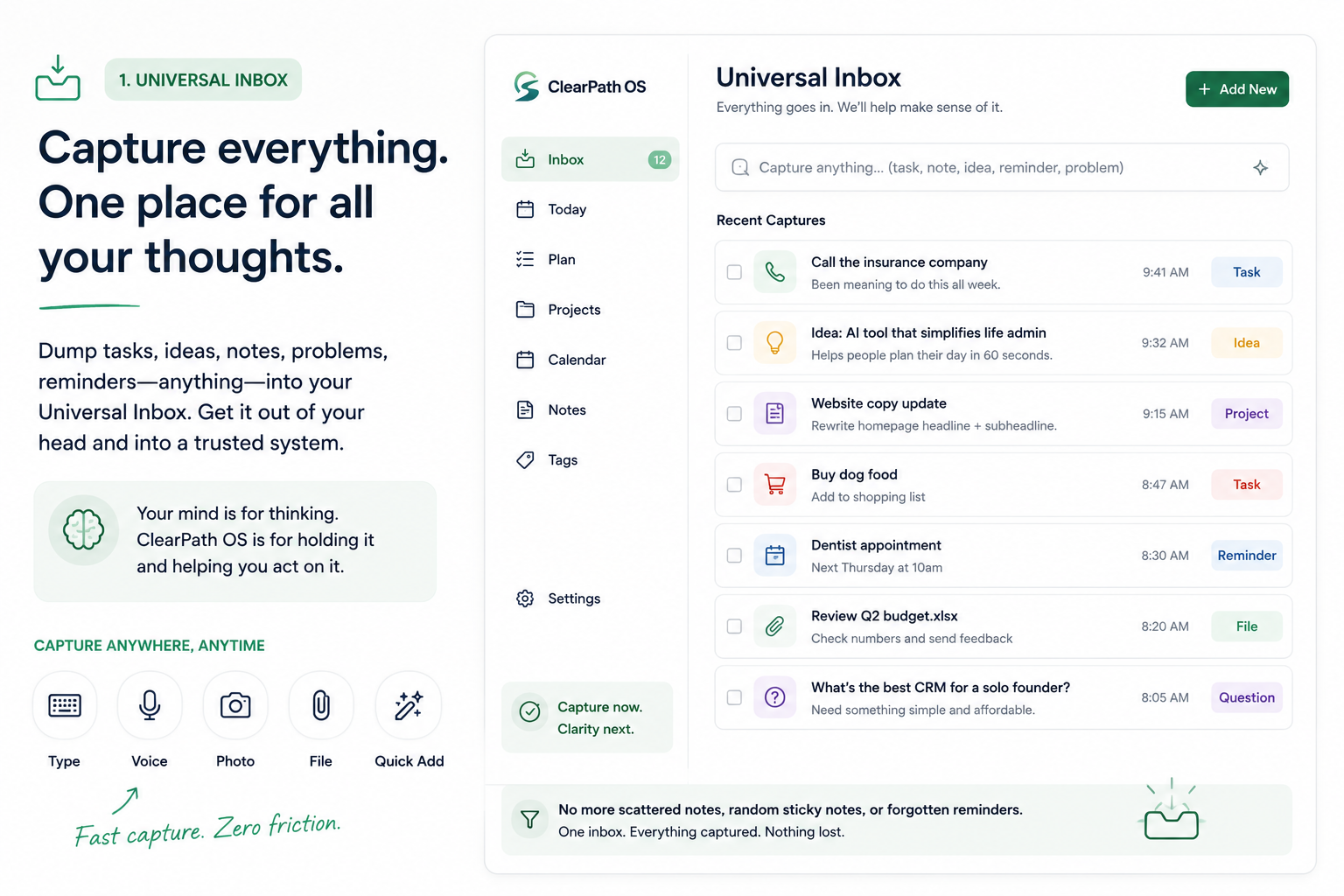 ClearPath OS universal inbox interface showing captured tasks, ideas, reminders, projects, files, and questions.