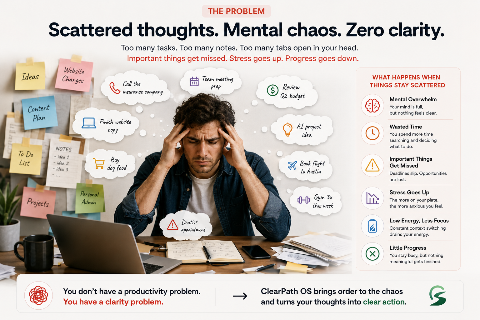 ClearPath OS problem visual showing scattered thoughts, mental chaos, zero clarity, and the consequences of overload.