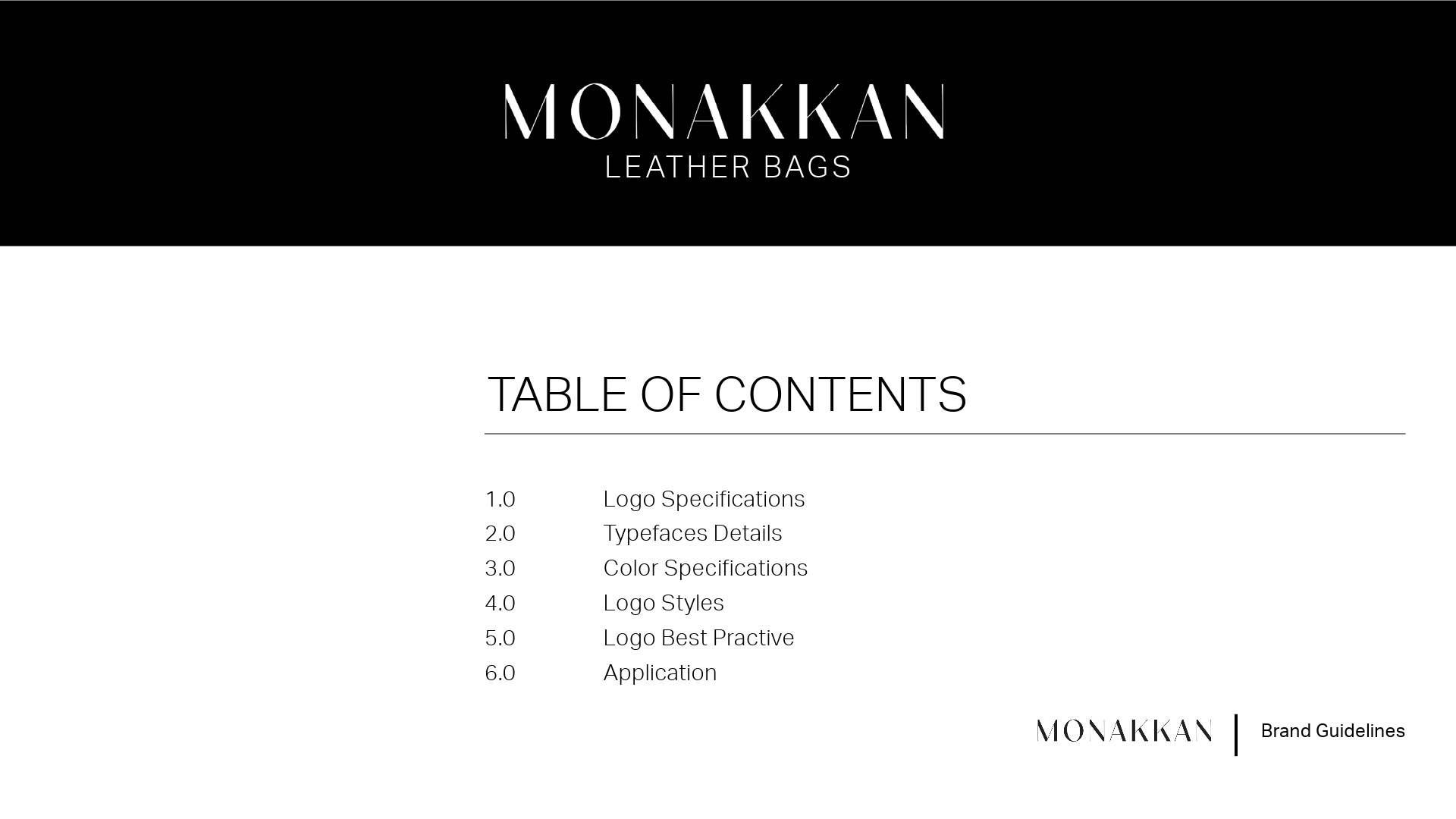 Monakkan logo specifications slide with leather bag photography